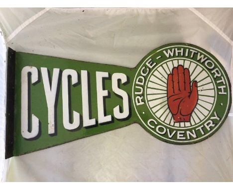 A Rudge-Whitworth of Coventry shaped double sided enamel sign with hanging flange in very good condition, with replacement fl