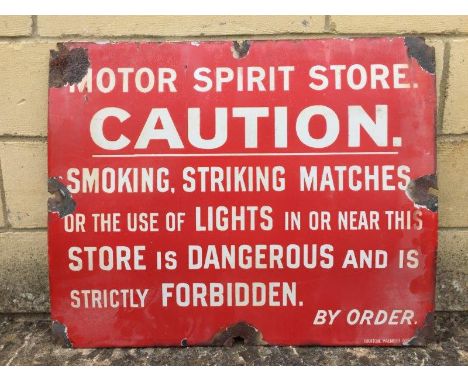 A Motor Spirit Store 'Caution' rectangular enamel sign by Bruton of Palmers Green, 23 1/2 x 19"