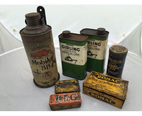 A Mobiloil 'BB' cylindrical quart can on bulkhead mounting bracket, two Castrol Girling oil cans, three tyre repair kit tins 
