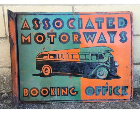 An Associated Motorways Booking Office double sided pictorial enamel sign with hanging flange, slight fading, 23 x 18"