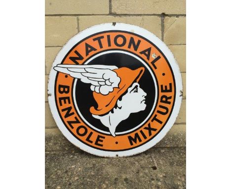 A National Benzole Mixture circular double sided hanging enamel sign, 30" diameter.