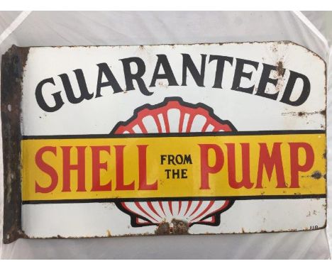 A rare 'Shell From The Pump Guaranteed' double sided enamel sign with hanging flange, dated 1918, a scarce size, 24 x 15".