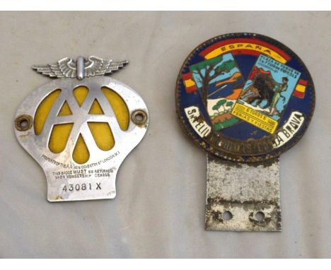 An AA motorcycle badge, no. 43081X and an unusual part enamel Spanish car badge.