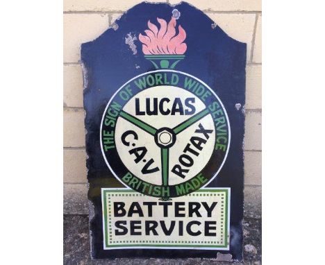 A Lucas-CAV-Rotax Battery Service double sided hanging enamel sign, 20 1/2 x 33 1/4"