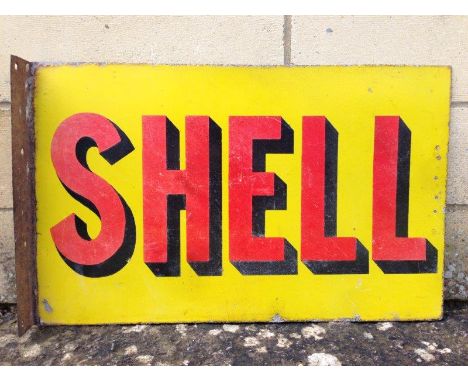 A Shell double sided enamel advertising sign with hanging flange, 34 x 15".