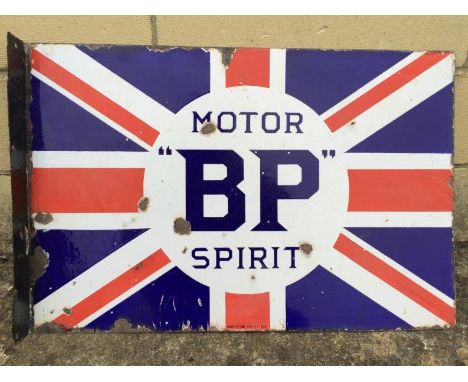 A BP Motor Spirit Union Jack double sided enamel sign with hanging flange by Protector, Eccles, 24 x 16".