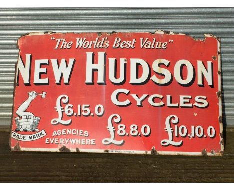 A large New Hudson Cycles enamel sign by Patent Enamel, 63 x 36".