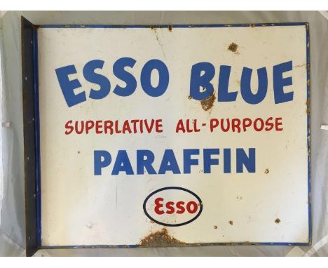 An Esso Blue Superlative All-Purpose Paraffin double sided enamel sign with hanging flange, 22 1/4 x 18"