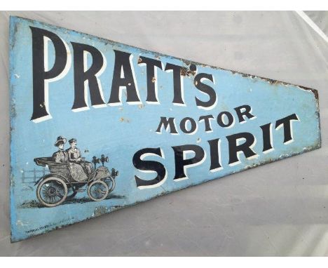 A rare Pratt's Motor Spirit pictorial pennant double sided enamel sign with hanging flange depicting an Edwardian motor car a