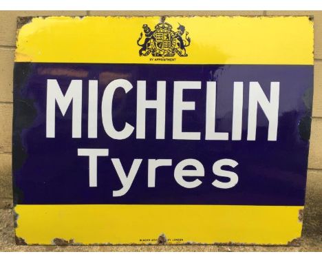 An early Michelin Tyres blue and yellow rectangular enamel sign with central coat of arms, retouching to the sides, by Black'