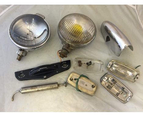 A Jaguar E-type 1967 front near side over-rider, as new, a Lucas sealed beam spotlight, a fog light, various enamel plate lig