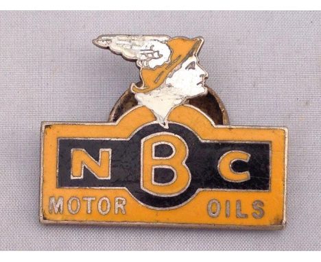 An NBC Motor Oils yellow and black enamel lapel badge.