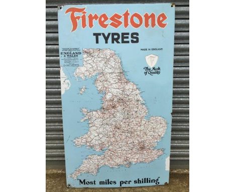 A Firestone Tyres enamel sign depicting a map of England and Wales, 28 3/4 x 48 1/2"