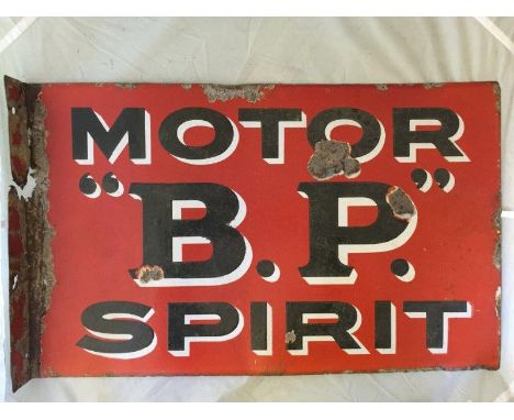 An early BP Motor Spirit double sided enamel sign with hanging flange in red and black, 24 x 15"