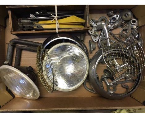 A box of assorted spares to include various door handles and trim embellishments, a small box of semaphor indicator parts, tw