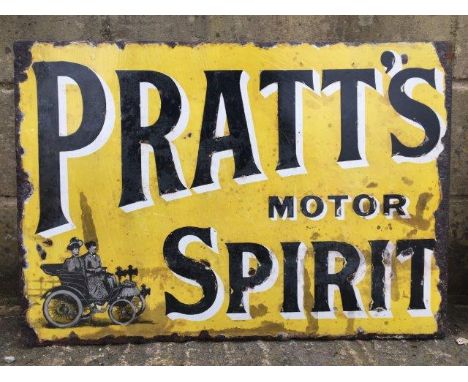 An early Pratts Motor Spirit yellow and black enamel sign with veteran car image to the corner. 