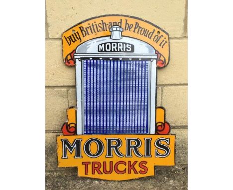 A good and rare Morris Trucks 'Buy British and Be Proud of It' double sided hanging enamel sign in the form of a radiator, in