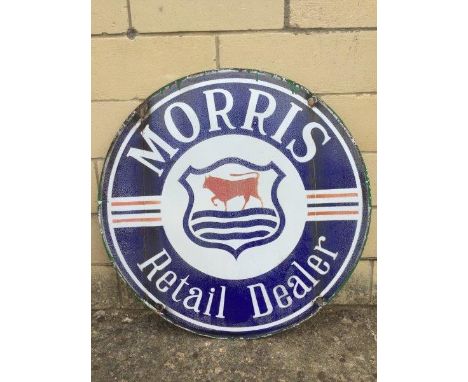 A Morris Retail Dealer circular double sided hanging enamel sign, 28 1/2" diameter.