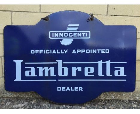 A rare Lambretta Dealership double sided hanging enamel sign, 35 1/2 x 26".