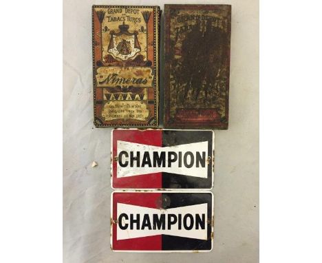 Two small Champion enamel signs, 5 x 3" and two early tins.
