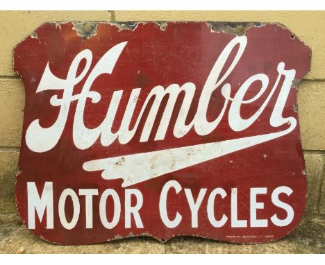 A rare Humber Motor Cycles shaped enamel sign by Wildman and Meguyer, 24 x 17 3/4"