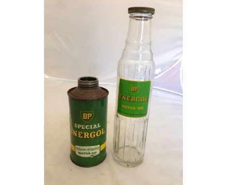A BP Energol Motor Oil tin together with a BP Energol Motor Oil glass bottle.