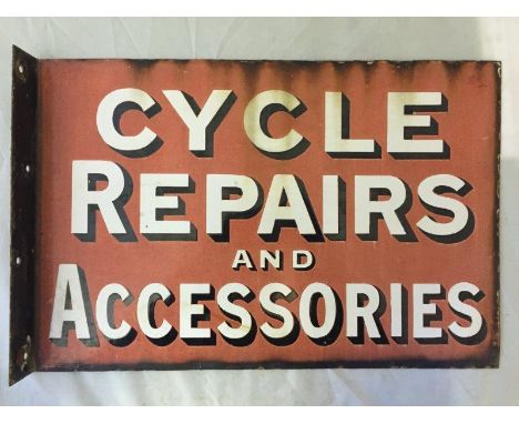 An early double sided enamel sign with hanging flange - Cycle Repairs and Accessories, 18 x 12"
