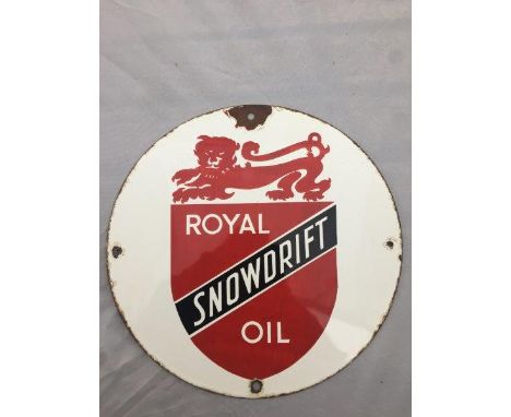 A Royal Snowdrift Oil circular enamel cabinet sign, 12" diameter.