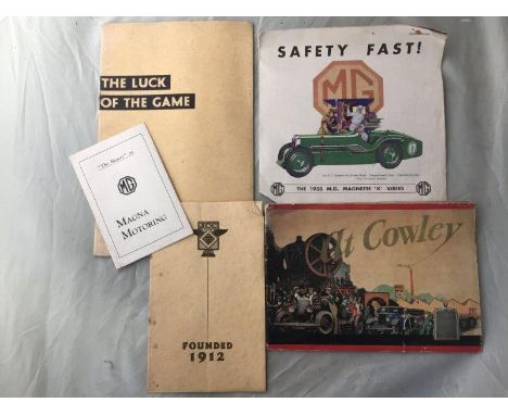 Three early MG brochures including 'Safety Fast The 1933 MG Magnette, K Series', 'The Blower on MG Magna Motoring' and 'The L