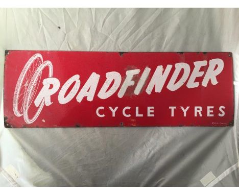 A Roadfinder Cycle Tyres rectangular enamel sign with slight retouching to the centre, 24 x 8"