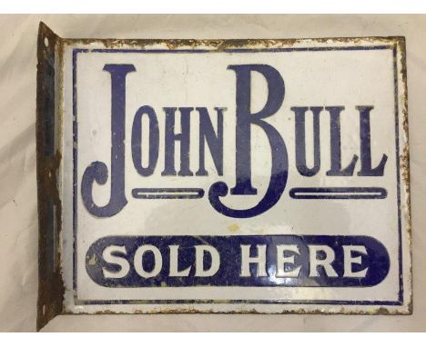 A rare and early 'John Bull Sold Here' double sided enamel sign with hanging bracket, in good original condition, 10 x 8".