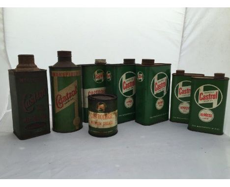 A Wakefield Castrol gear oil cylindrical quart can, a Wakefield Castrol XL Motor Oil quart caddy, lacking lid and six other C