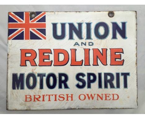 A rare Union and Redline Motor Spirit 'British Owned' double sided hanging enamel sign with minor restoration, 16 x 12". 