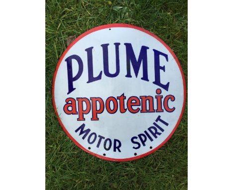 An unusual Plume appotenic Motor Spirit circular double sided enamel sign with minor professional restoration, 14" diameter.