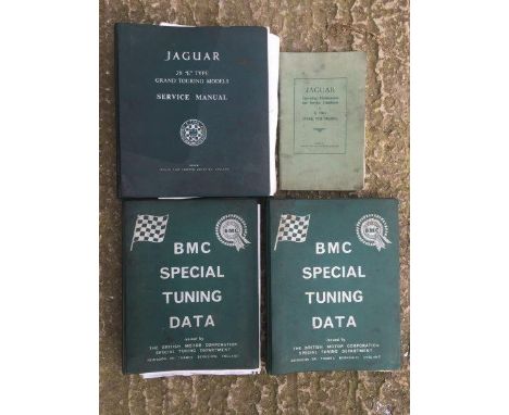 A Jaguar 3.8 E-type Grand Touring model service manual, a Jaguar 3.5 litre mk. VIII handbook and two BMC Special Tuning Data 