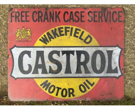 A Wakefield Castrol Motor Oil rectangular enamel sign with unusual wording - 'Free Crank Case Service' and Royal crest - 'By 