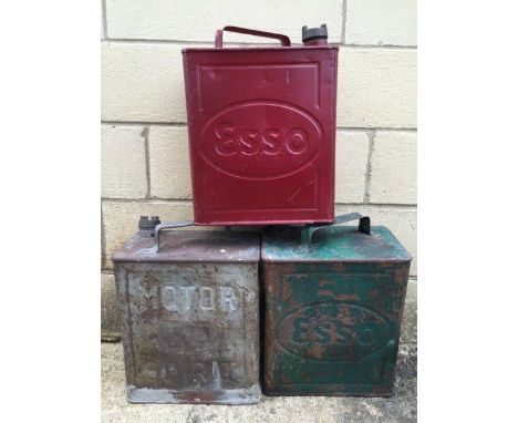 Three 2-gallon petrol cans, Motor BP Spirit and two Esso, one in excellent condition. 