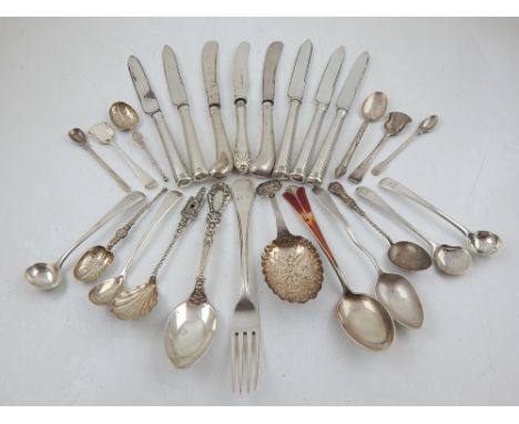 Eight assorted George III and later silver condiment spoons, a Dutch silver caddy spoon, together with assorted other silver 