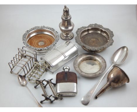 A Victorian silver plated wine funnel, two plated wine bottle coasters, a later leather mounted spirit flask with detachable 