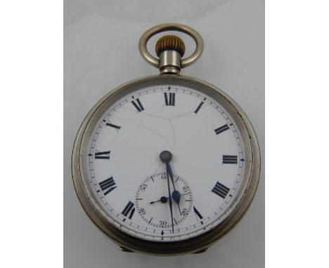 A white metal open faced pocket watch, the enamel dial with Roman numerals, subsidiary seconds dial at six, blued steel hands