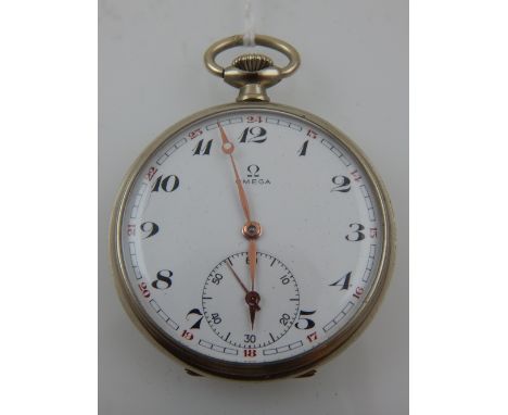 A stainless steel Omega open faced pocket watch, the enamel dial with Arabic numerals, 24 hour Arabic numerals to outer track