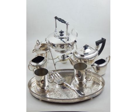 An early 20th century silverplated spirit kettle, a pair of enamelled George VI coronation cups, tea service and sundry plate