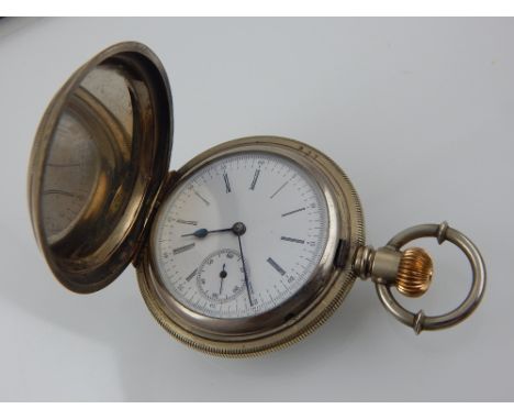 A nickel full hunter keyless wind pocket watch, 6 jewel movement, case no. 144, movement no. 76008, the enamel dial with Roma