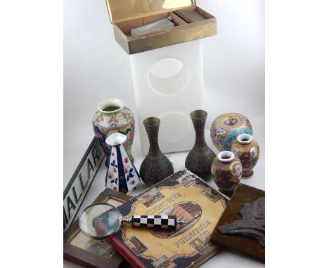 A pair of Satsuma baluster shaped vases, H. 13cm, together with a quantity of sundry items of ceramic and metalware etc. 