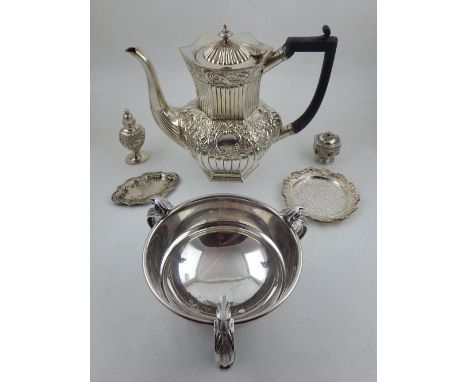 A small quantity of silver plate, including a teapot of octagonal reeded and foliate form, together with a pepperette, tripod