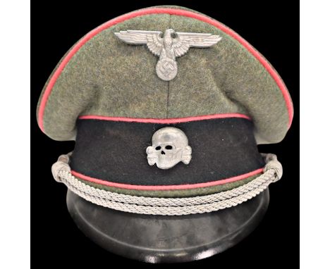 WWII Nazi German Panzer SS Officer's Visor Cap, featuring a distinctive stone grey color and pink piping, emblematic of the S