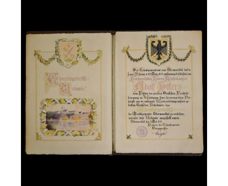 Unique Presentation Certificate of Awarding Reich Chancellor Adolf Hitler with an honorary title, from the Magistracy of the 