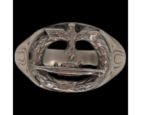 WWII Nazi German Kriegsmarine U-boat Silver Ring. This ring features a miniature U-Boat motif on the front and is made of sil