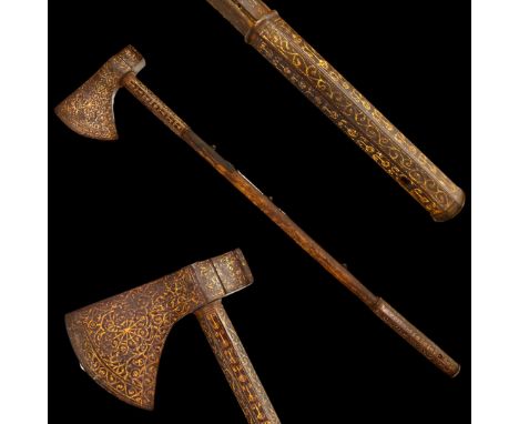 A Rare Large Islamic Battle Axe, 18th century, Gold koftgari, Ottoman Empire or Persia. Steel blade 12 cm long with a small h