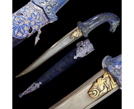 A Rare Mughal Lapis lazuli hilted dagger with scabbard, decorated with enamel, India, 19th century. The recurved, forged, dou